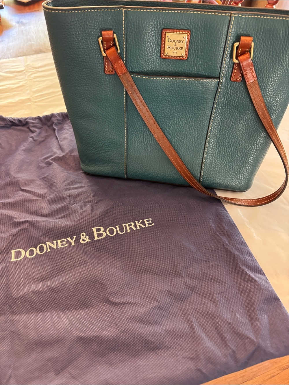 Dooney & Bourke Teal Pebble Leather Tote with Brown Trim and Straps